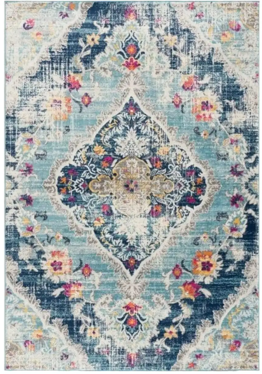 5' Blue and Gray Oriental Distressed Round Rug Photo 1