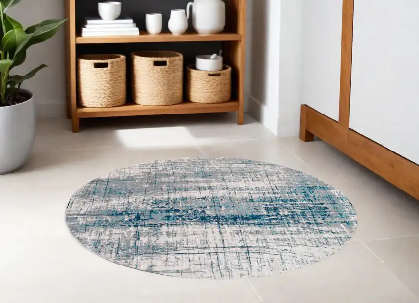 5' Blue and Gray Round Abstract Non Skid Area Rug Photo 1
