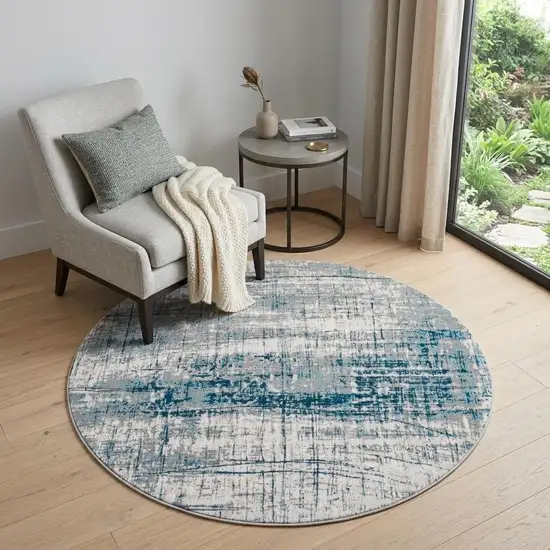 5' Blue and Gray Round Abstract Non Skid Area Rug Photo 1