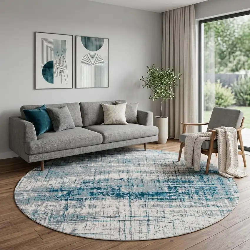 8' Blue and Gray Round Abstract Non Skid Area Rug Photo 1