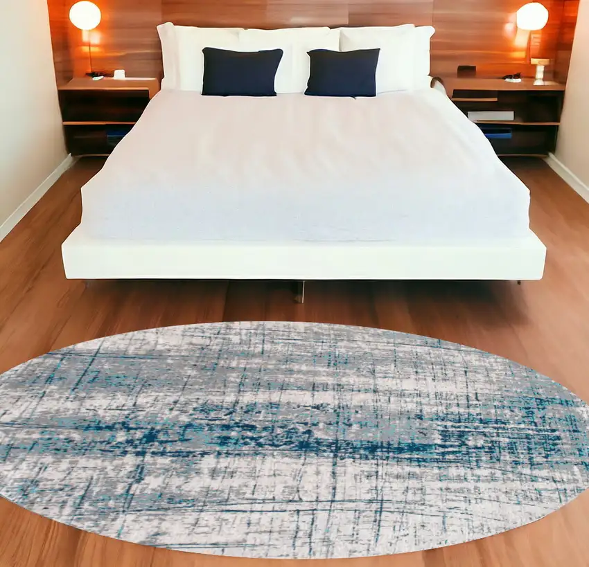 8' Blue and Gray Round Abstract Non Skid Area Rug Photo 1