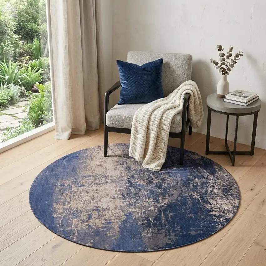 5' Blue and Gray Round Abstract Non Skid Area Rug Photo 1