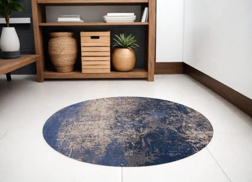 5' Blue and Gray Round Abstract Non Skid Area Rug Photo 1