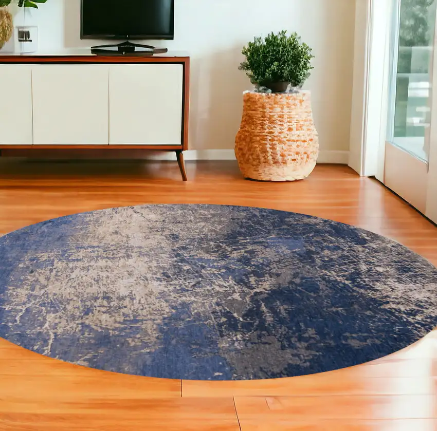 8' Blue and Gray Round Abstract Non Skid Area Rug Photo 1