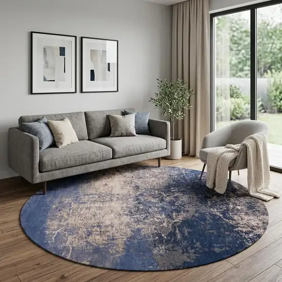 8' Blue and Gray Round Abstract Non Skid Area Rug Photo 1