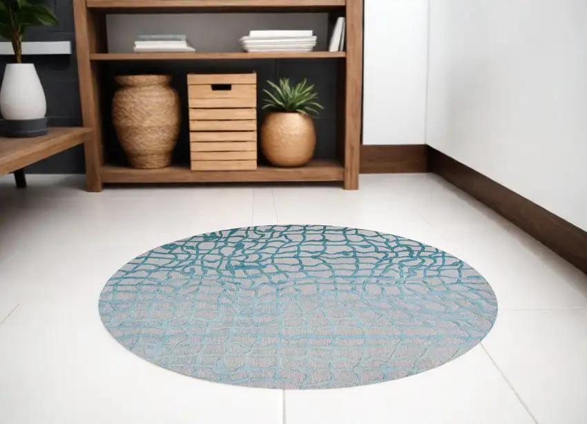 8' Blue and Gray Round Abstract Non Skid Area Rug Photo 1
