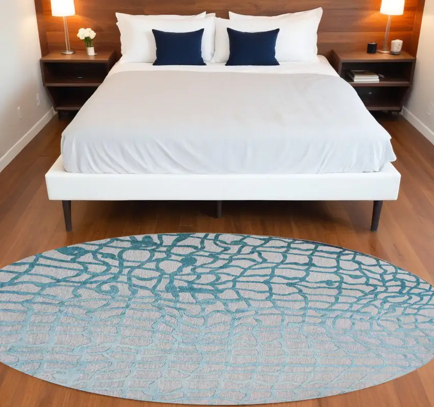 5' Blue and Gray Round Abstract Non Skid Area Rug Photo 1