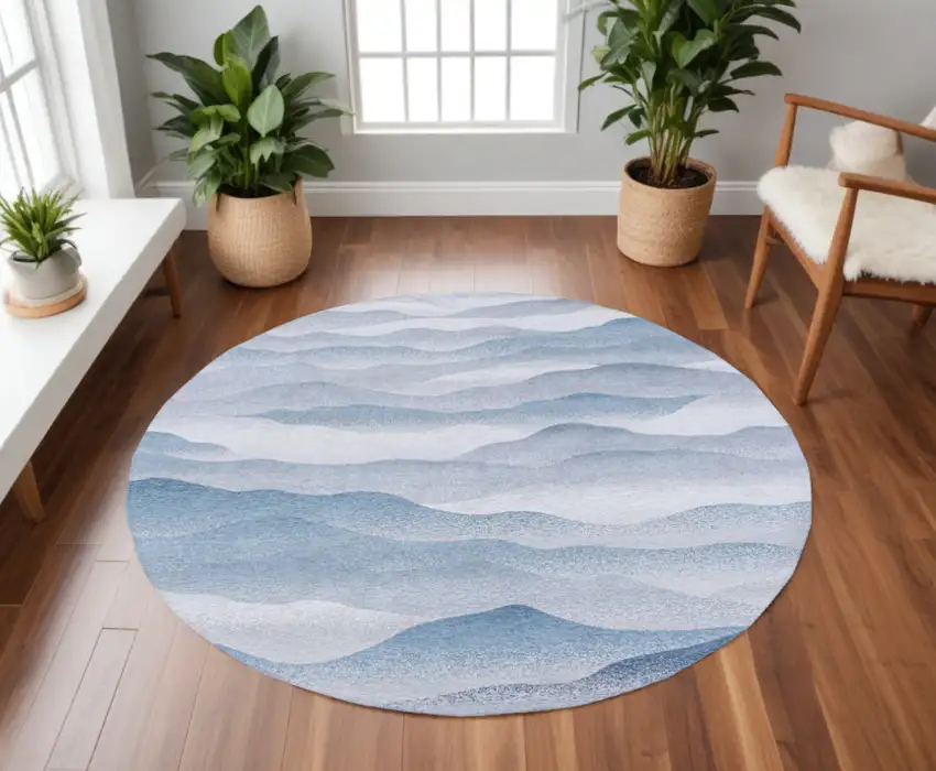 8' Blue and Gray Round Abstract Non Skid Area Rug Photo 1