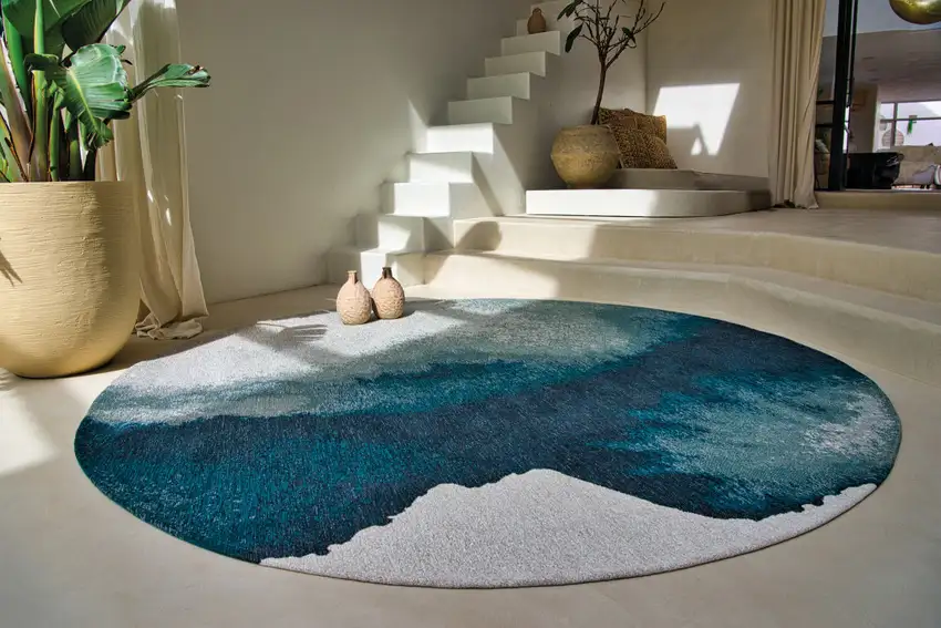 8' Blue and Gray Round Abstract Non Skid Area Rug Photo 6