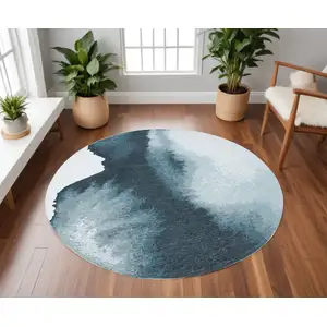 Photo of 8' Blue and Gray Round Abstract Non Skid Area Rug