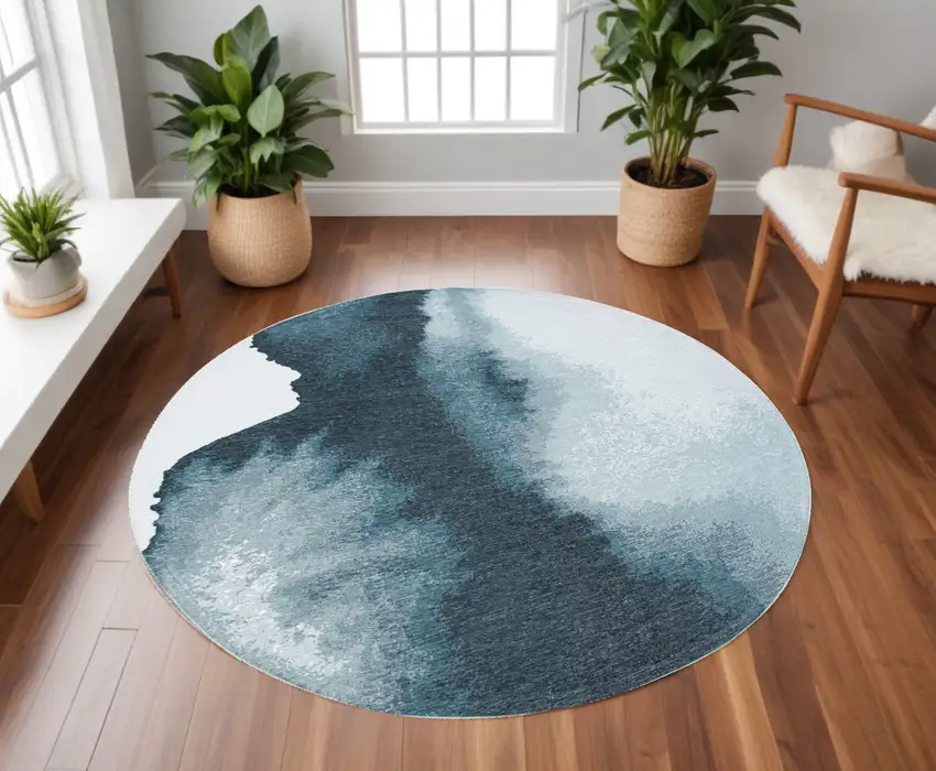 8' Blue and Gray Round Abstract Non Skid Area Rug Photo 1