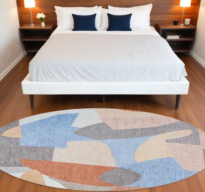 8' Blue and Gray Round Abstract Non Skid Area Rug Photo 1