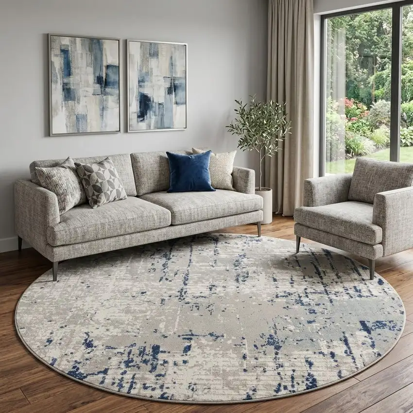 8' Blue and Gray Round Abstract Power Loom Area Rug Photo 1