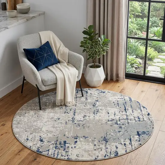 4' Blue and Gray Round Abstract Power Loom Area Rug Photo 1