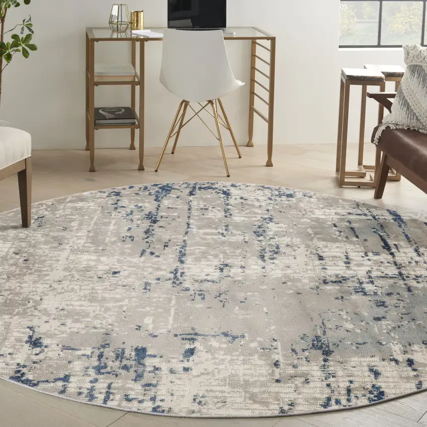 5' Blue and Gray Round Abstract Power Loom Area Rug Photo 5
