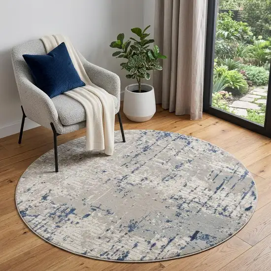 5' Blue and Gray Round Abstract Power Loom Area Rug Photo 1