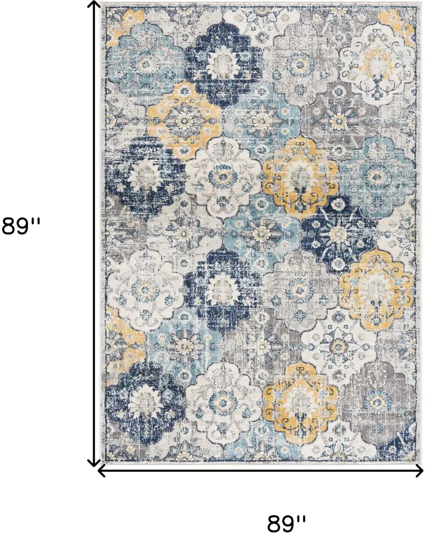 8' Blue and Gray Round Floral Washable Non Skid Area Rug Photo 3
