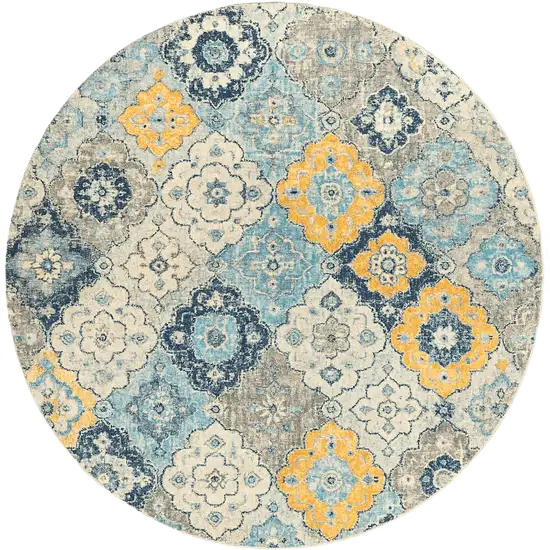 8' Blue and Gray Round Floral Washable Non Skid Area Rug Photo 1
