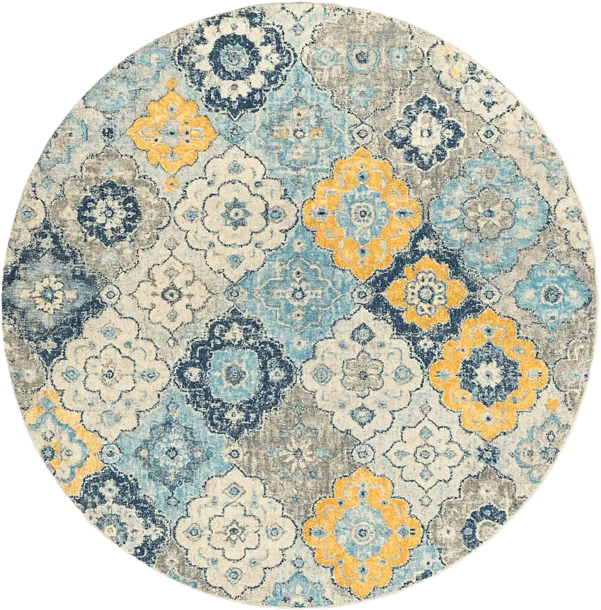 8' Blue and Gray Round Floral Washable Non Skid Area Rug Photo 1