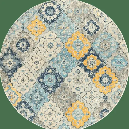 8' Blue and Gray Round Floral Washable Non Skid Area Rug Photo 3