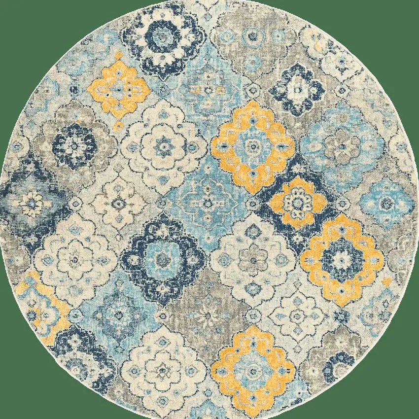 8' Blue and Gray Round Floral Washable Non Skid Area Rug Photo 3