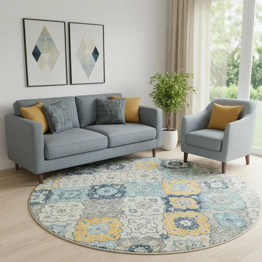 8' Blue and Gray Round Floral Washable Non Skid Area Rug Photo 1