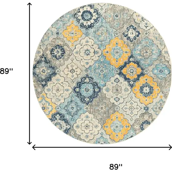 8' Blue and Gray Round Floral Washable Non Skid Area Rug Photo 8