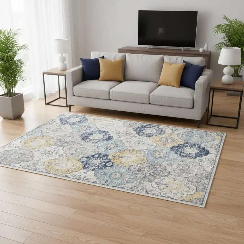 8' Blue and Gray Round Floral Washable Non Skid Area Rug Photo 1