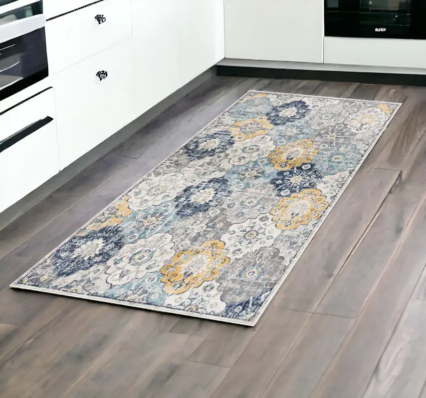 8' Blue and Gray Round Floral Washable Non Skid Area Rug Photo 1