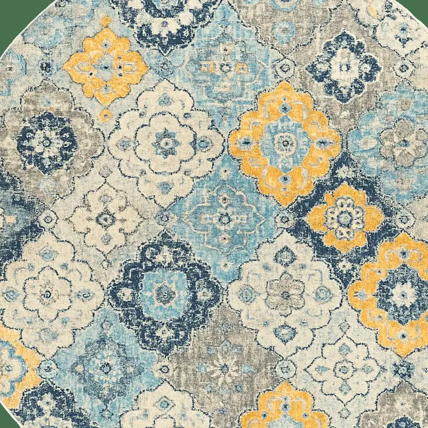 8' Blue and Gray Round Floral Washable Non Skid Area Rug Photo 2