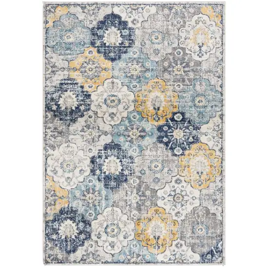 8' Blue and Gray Round Floral Washable Non Skid Area Rug Photo 2