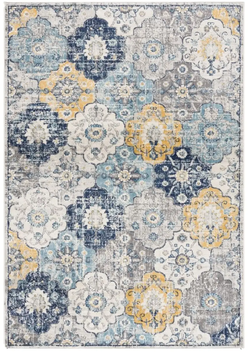 8' Blue and Gray Round Floral Washable Non Skid Area Rug Photo 2
