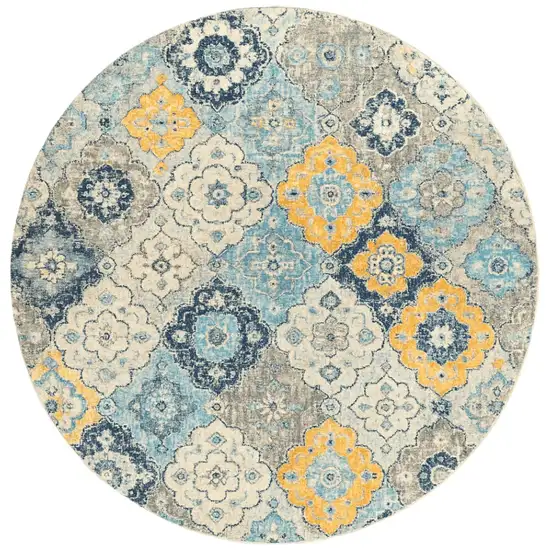 5' Blue and Gray Round Geometric Washable Non Skid Area Rug Photo 2