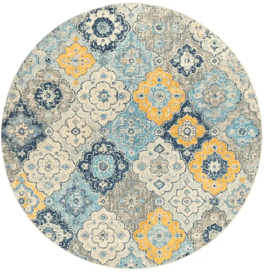 5' Blue and Gray Round Geometric Washable Non Skid Area Rug Photo 2