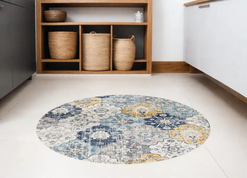5' Blue and Gray Round Geometric Washable Non Skid Area Rug Photo 1