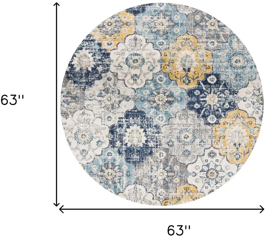 5' Blue and Gray Round Geometric Washable Non Skid Area Rug Photo 3