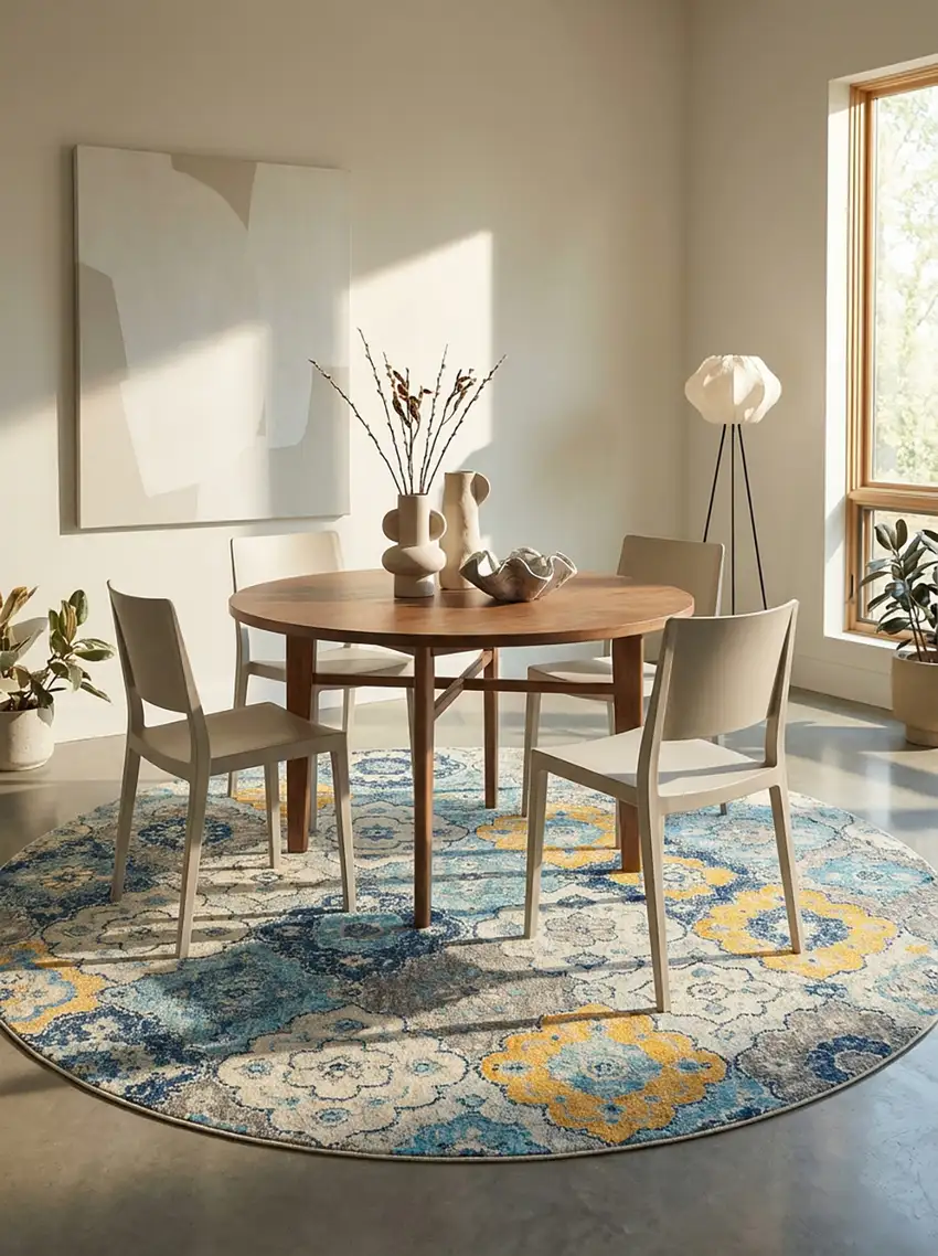 5' Blue and Gray Round Geometric Washable Non Skid Area Rug Photo 5