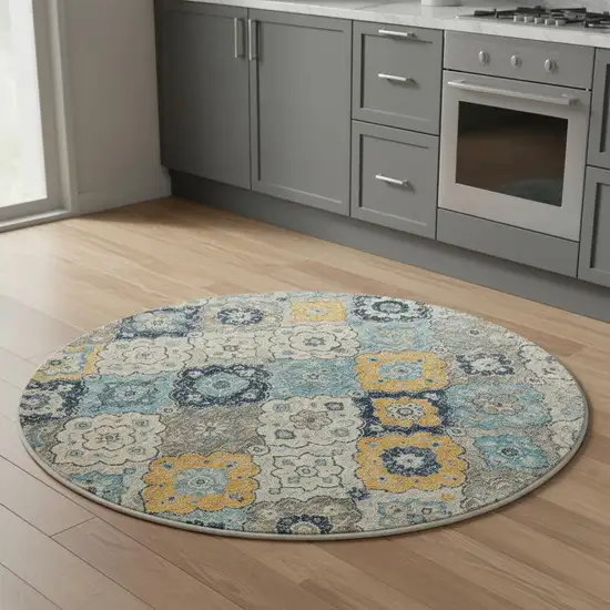 5' Blue and Gray Round Geometric Washable Non Skid Area Rug Photo 1