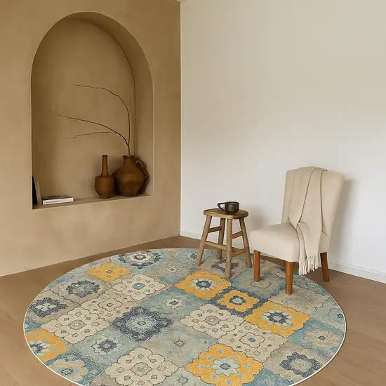 5' Blue and Gray Round Geometric Washable Non Skid Area Rug Photo 6