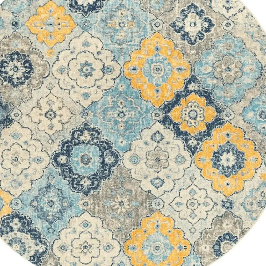 5' Blue and Gray Round Geometric Washable Non Skid Area Rug Photo 5