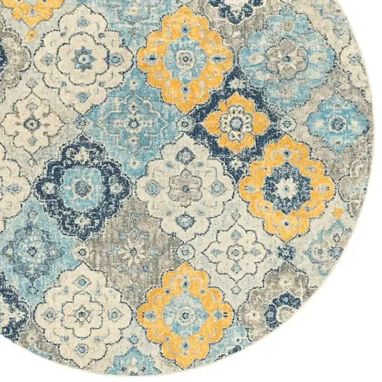 5' Blue and Gray Round Geometric Washable Non Skid Area Rug Photo 3