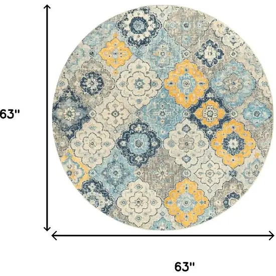 5' Blue and Gray Round Geometric Washable Non Skid Area Rug Photo 3