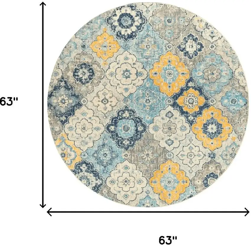 5' Blue and Gray Round Geometric Washable Non Skid Area Rug Photo 3