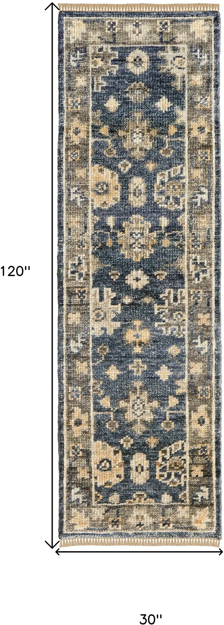 10' Blue and Gray Wool Floral Hand Knotted Runner Rug With Fringe Photo 3
