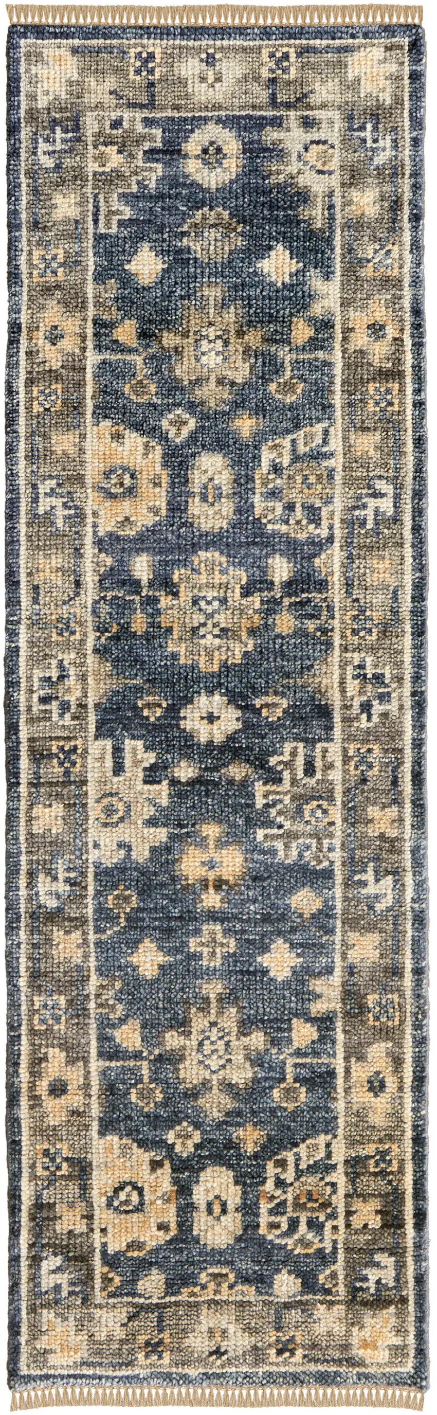 10' Blue and Gray Wool Floral Hand Knotted Runner Rug With Fringe Photo 2