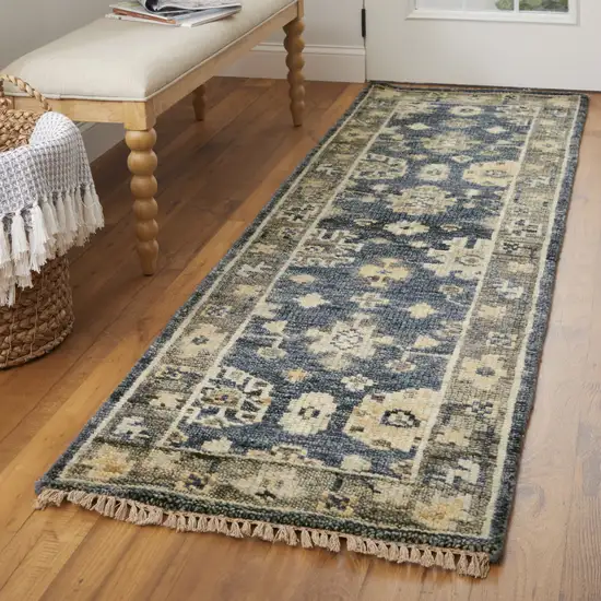 10' Blue and Gray Wool Floral Hand Knotted Runner Rug With Fringe Photo 5