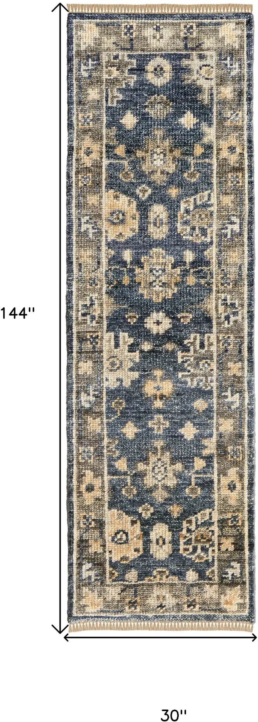 12' Blue and Gray Wool Floral Hand Knotted Runner Rug With Fringe Photo 3