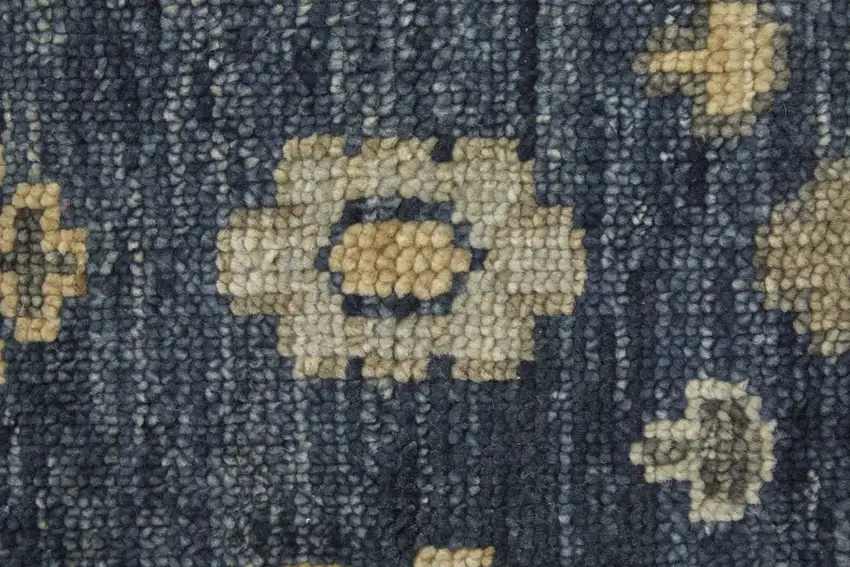 12' Blue and Gray Wool Floral Hand Knotted Runner Rug With Fringe Photo 7