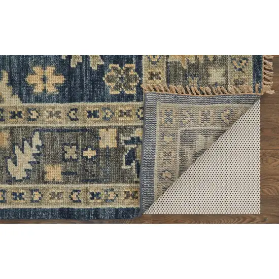 14' Blue and Gray Wool Floral Hand Knotted Runner Rug With Fringe Photo 6