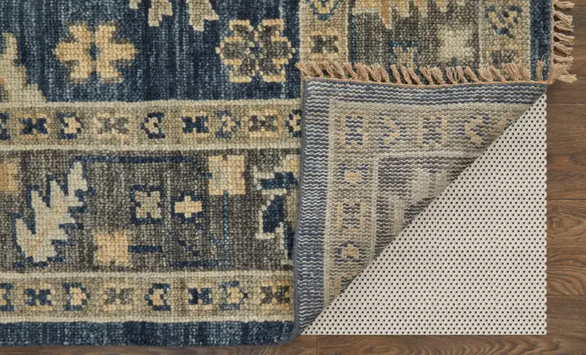 14' Blue and Gray Wool Floral Hand Knotted Runner Rug With Fringe Photo 6